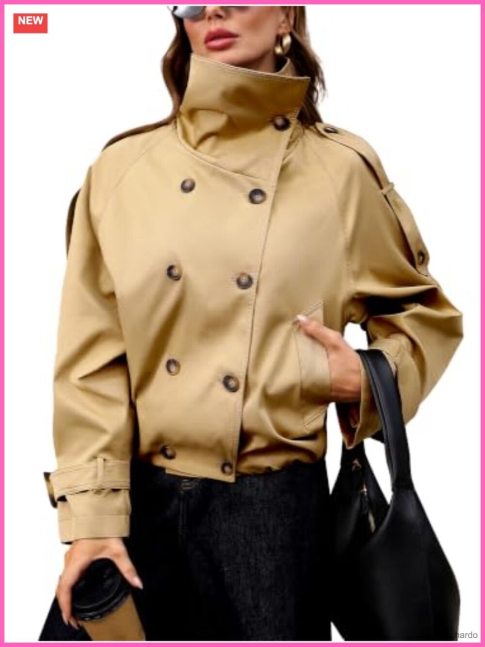 Cropped Trench Coat Women Funnel Neck Button Pockets Wind Water Resistant